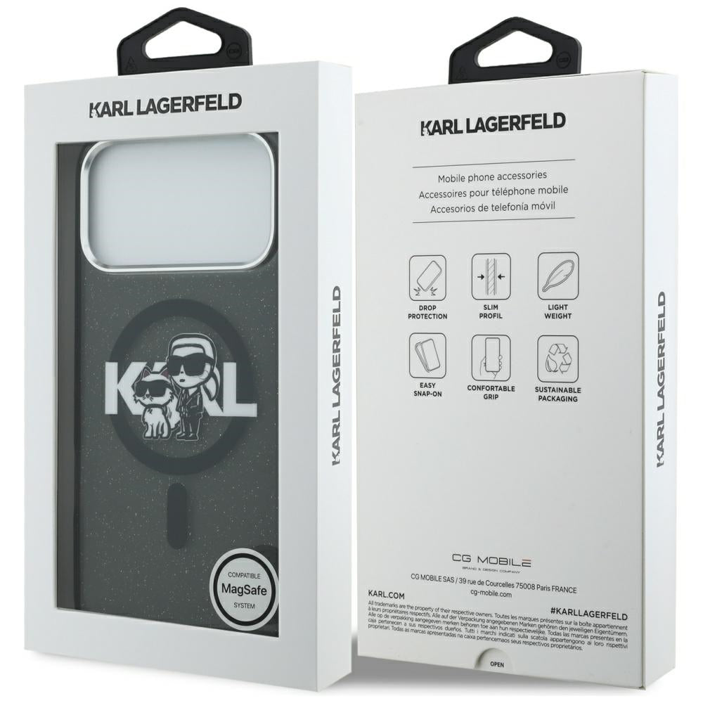Étui MagSafe pour Apple iPhone 17 Pro Max, Karl Lagerfeld, IML Sketch Logo Glitter Karl & Choupette, Noir