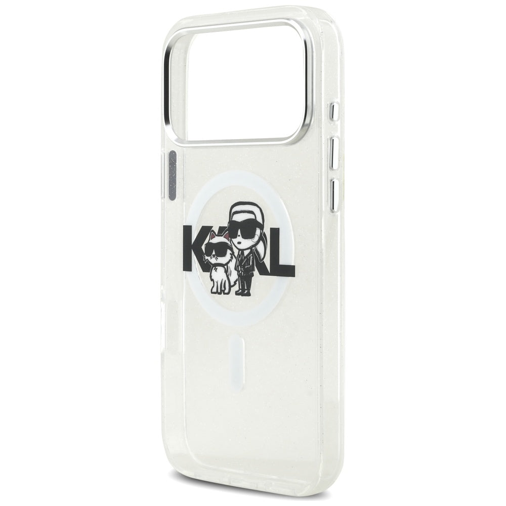 MagSafe Hülle für Apple iPhone 17 Pro Max, Karl Lagerfeld, IML Sketch Logo Glitter Karl & Choupette, Transparent