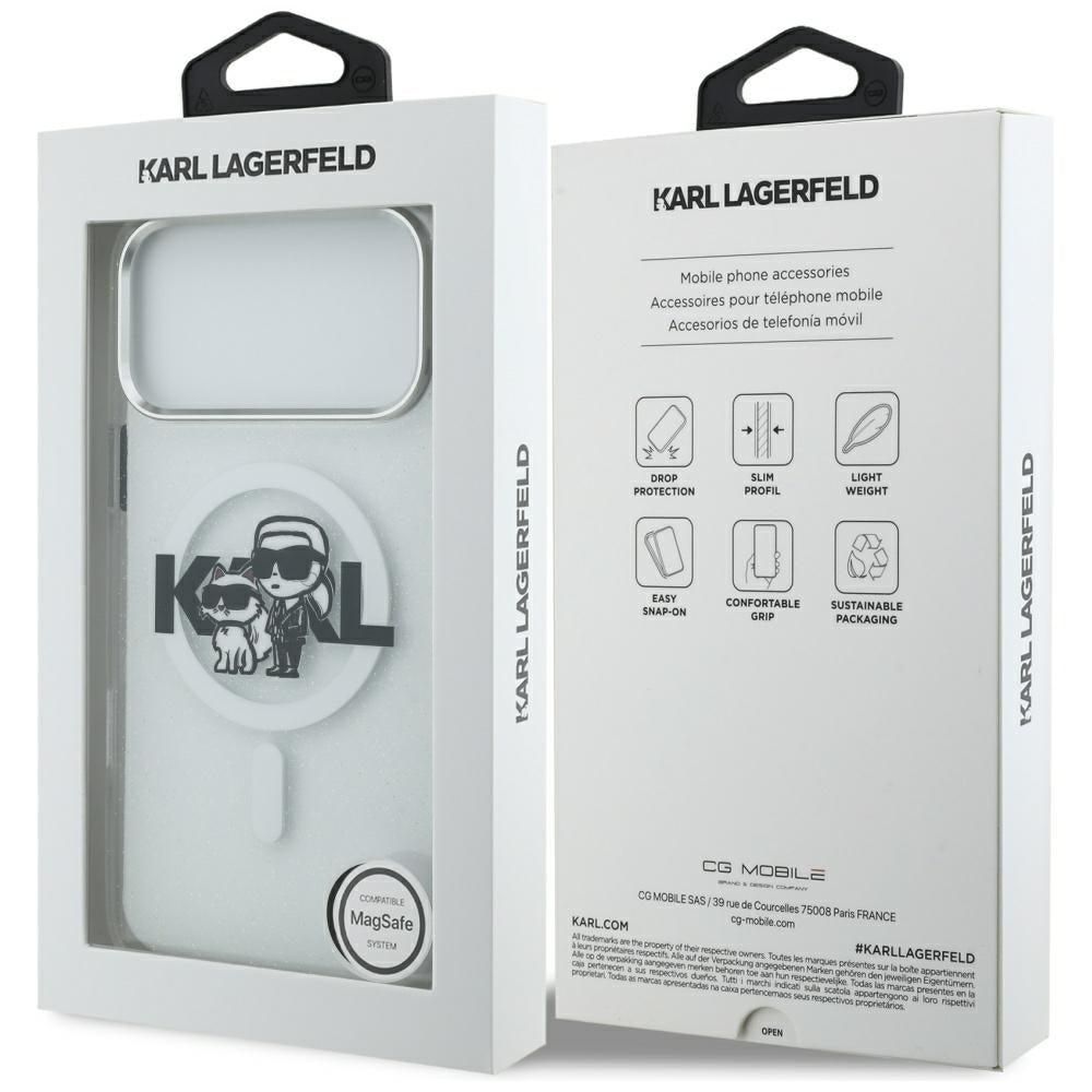 MagSafe Hülle für Apple iPhone 17 Pro Max, Karl Lagerfeld, IML Sketch Logo Glitter Karl & Choupette, Transparent