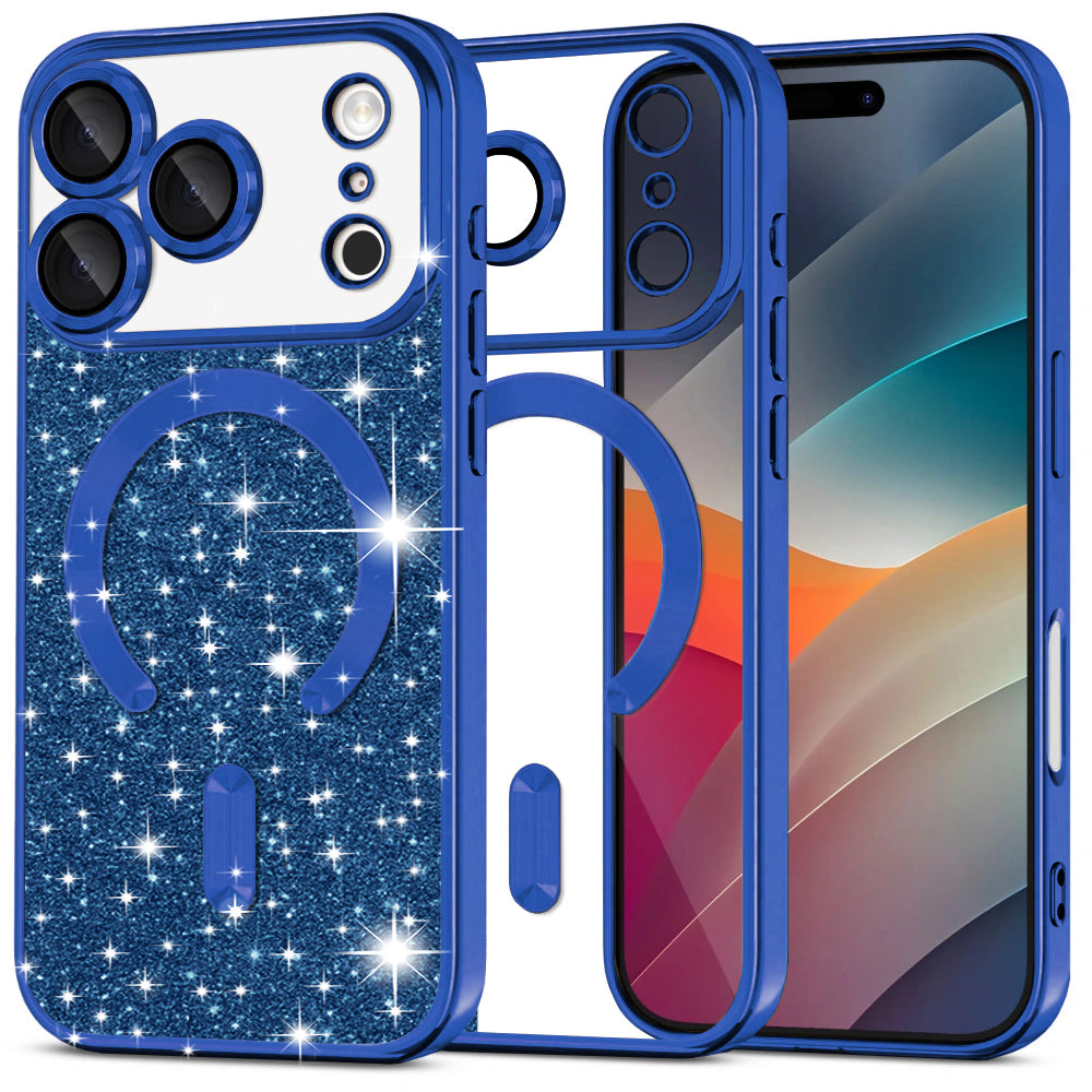 Custodia MagSafe per Apple iPhone 17 Pro, Techsuit, Luxury Glitter, Blu Scuro