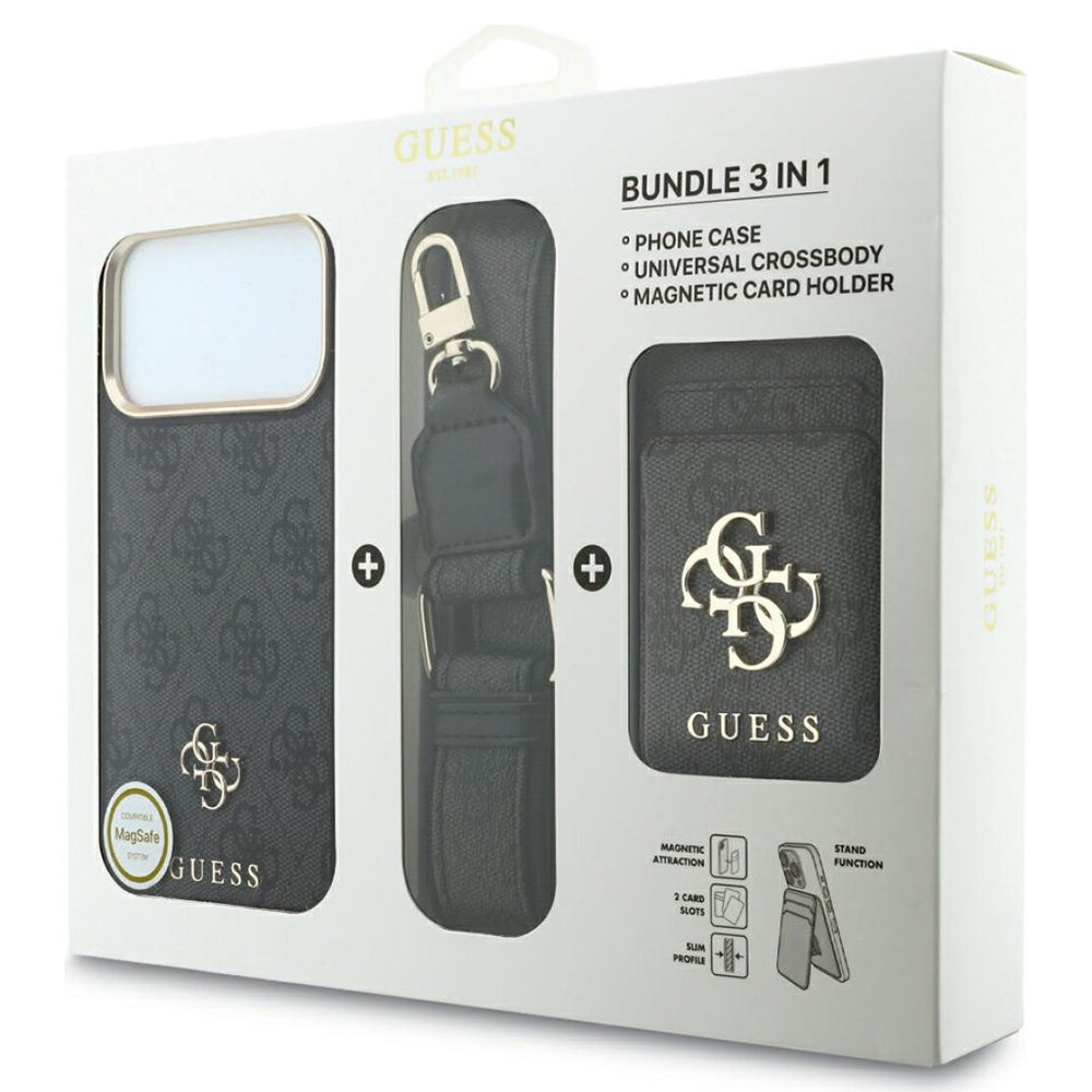 Coque MagSafe pour Apple iPhone 18 Pro / 17 Pro, Guess, 4G Cardslot & Big Strap, noire