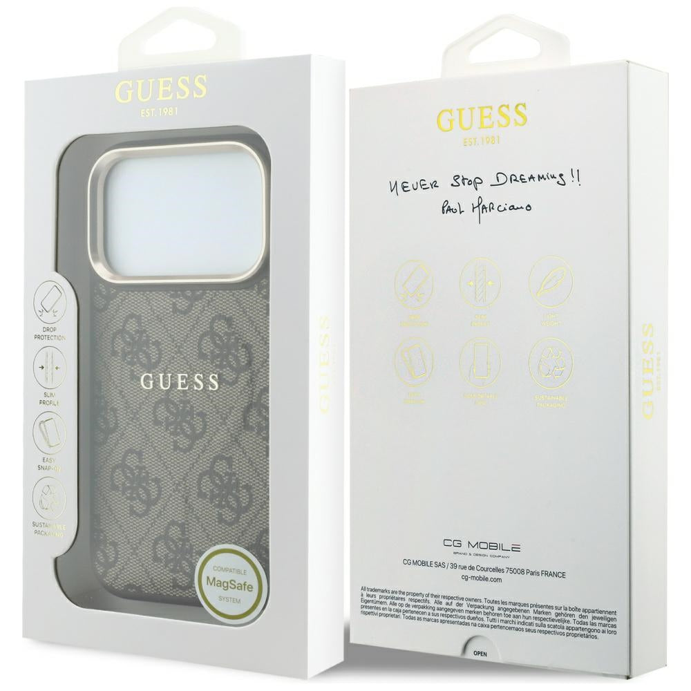 Coque MagSafe pour Apple iPhone 18 Pro / 17 Pro, Guess, 4G Embossed Classic, Marron