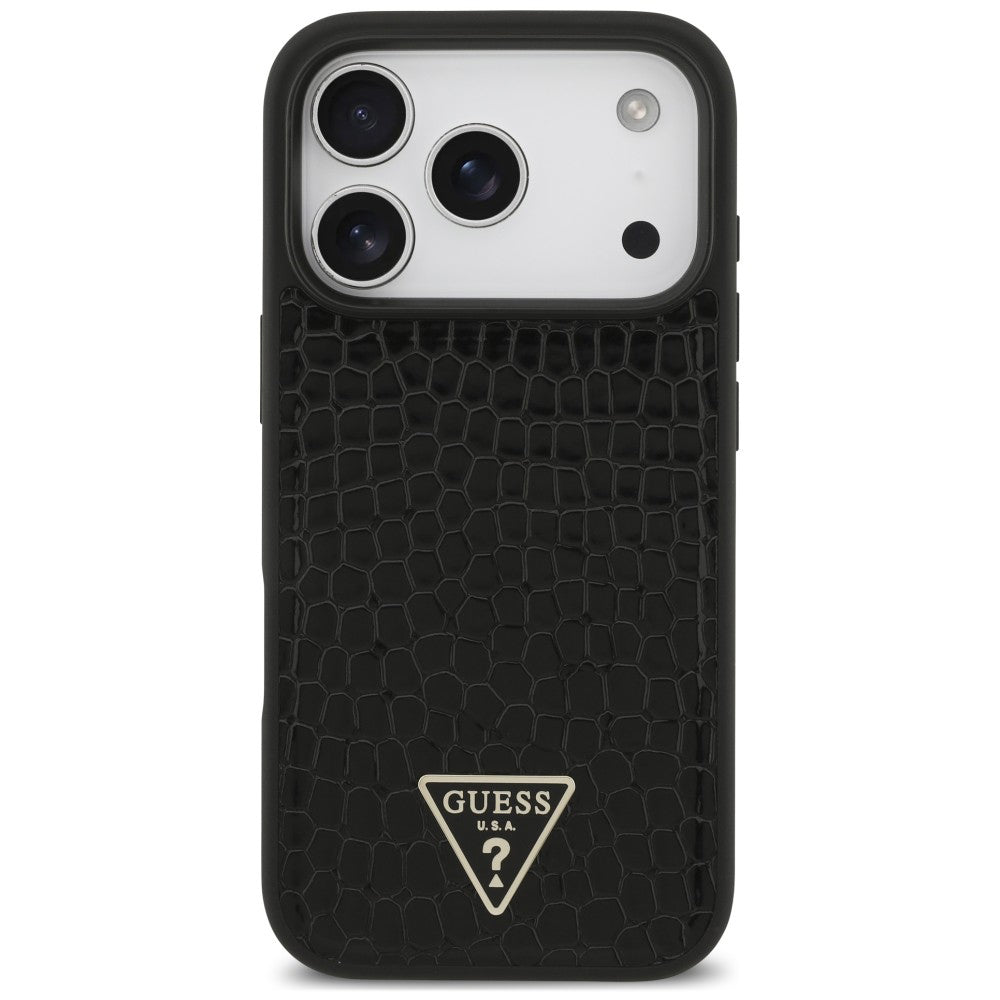 MagSafe-Hülle für Apple iPhone 18 Pro / 17 Pro, Guess, Croco Triangle Logo, Schwarz