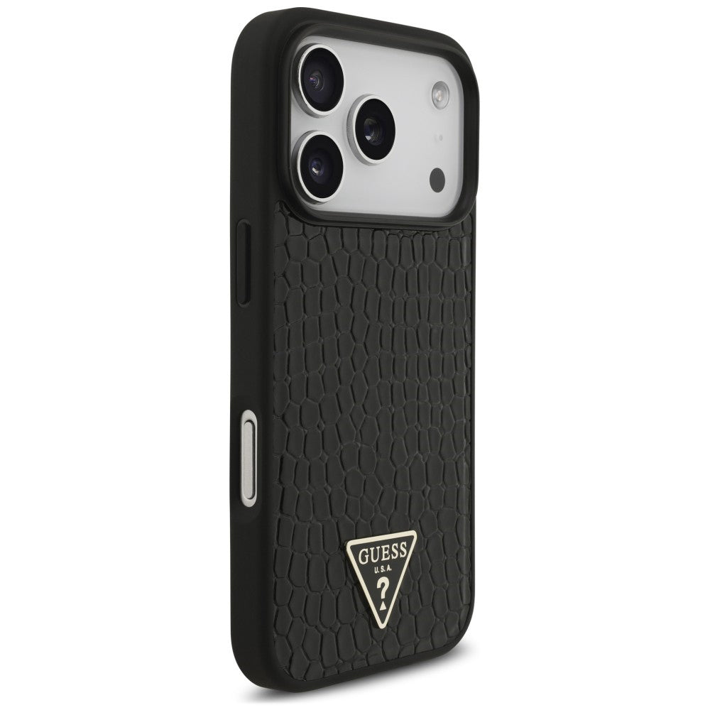 MagSafe-Hülle für Apple iPhone 18 Pro / 17 Pro, Guess, Croco Triangle Logo, Schwarz