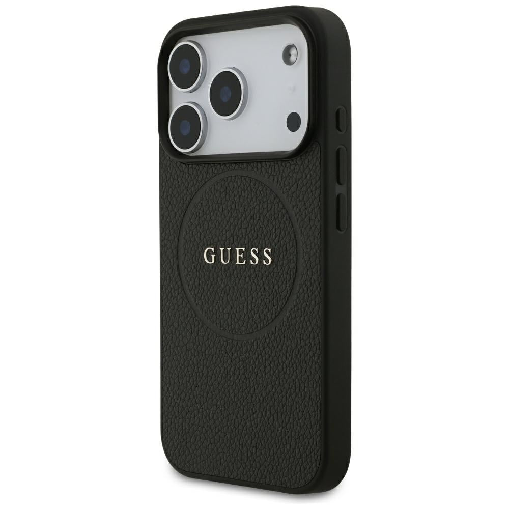 Coque MagSafe pour Apple iPhone 18 Pro / 17 Pro, Guess, Anneau Doré Grainé, Noire
