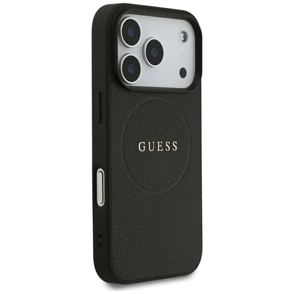 Coque MagSafe pour Apple iPhone 18 Pro / 17 Pro, Guess, Anneau Doré Grainé, Noire