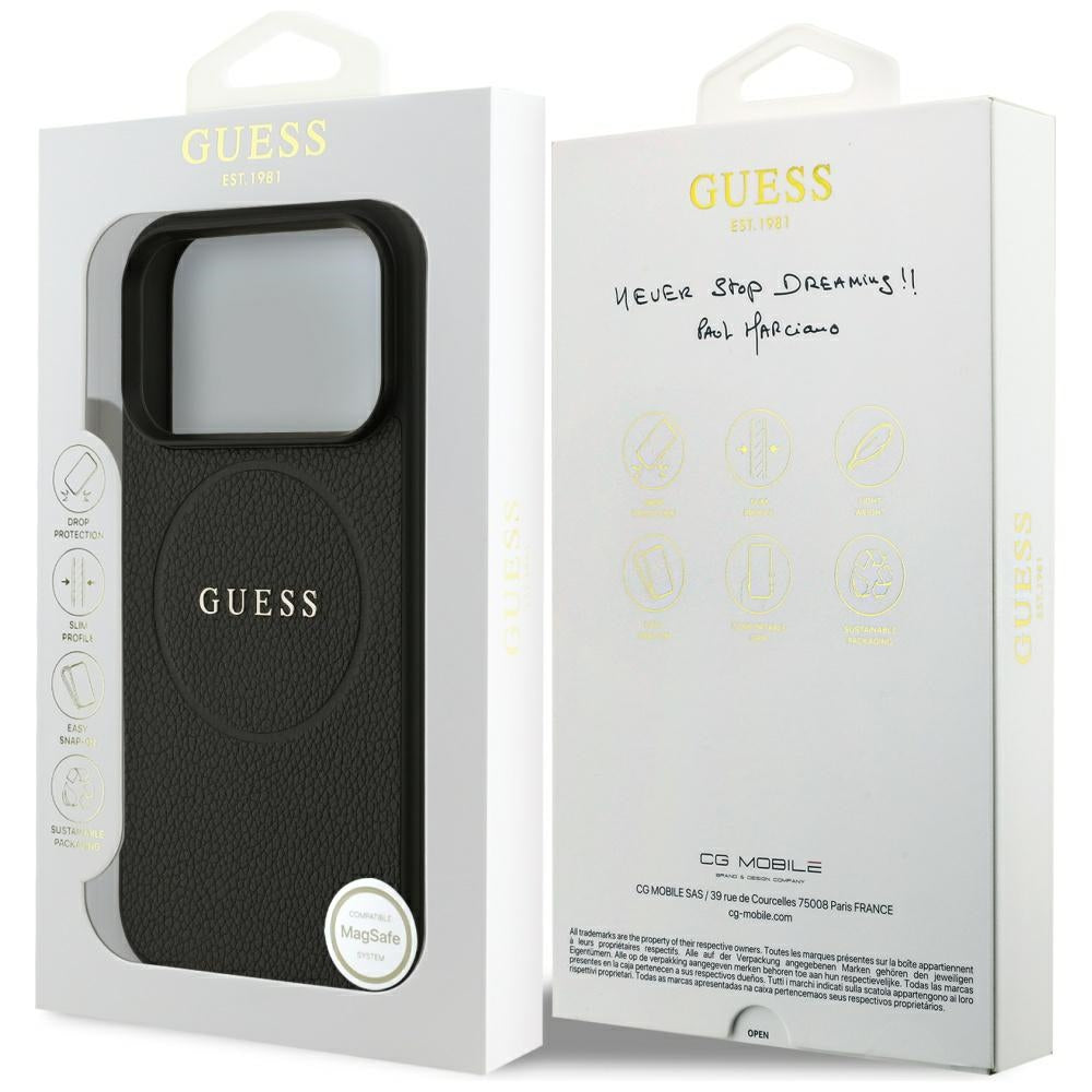 Coque MagSafe pour Apple iPhone 18 Pro / 17 Pro, Guess, Anneau Doré Grainé, Noire