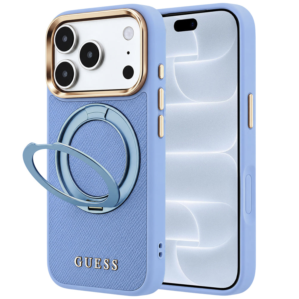 Coque MagSafe pour Apple iPhone 18 Pro / 17 Pro, Guess, Grained Ring Stand 360 Classic, bleu