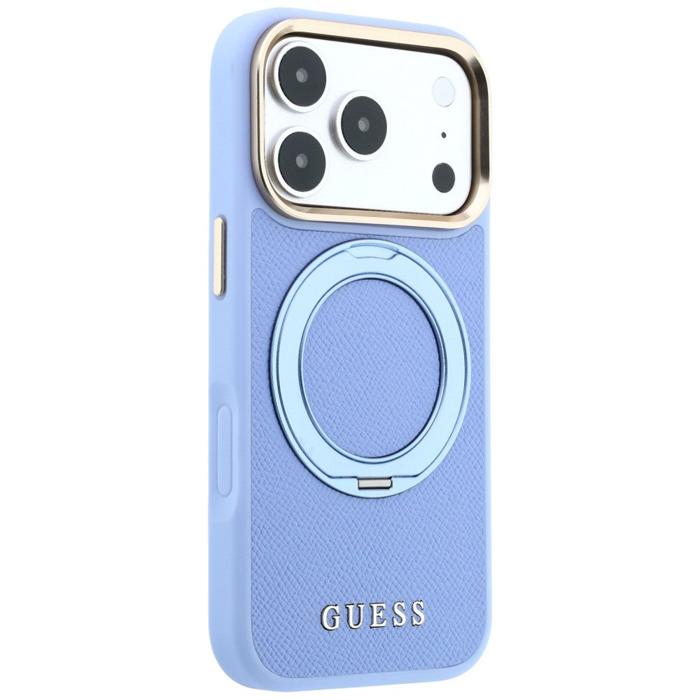 Coque MagSafe pour Apple iPhone 18 Pro / 17 Pro, Guess, Grained Ring Stand 360 Classic, bleu