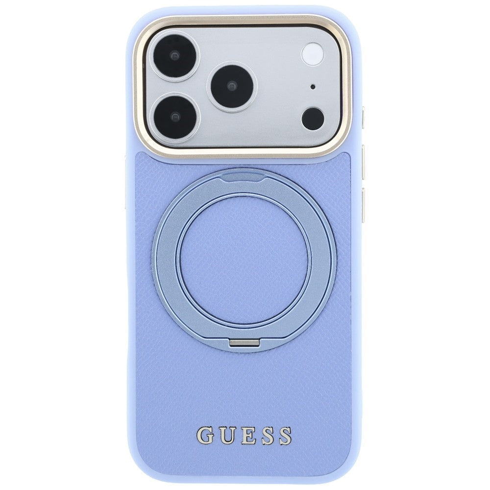 Coque MagSafe pour Apple iPhone 18 Pro / 17 Pro, Guess, Grained Ring Stand 360 Classic, bleu