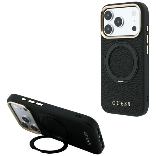 MagSafe-Hülle für Apple iPhone 18 Pro / 17 Pro, Guess, Grained Ring Stand 360 Classic, Schwarz