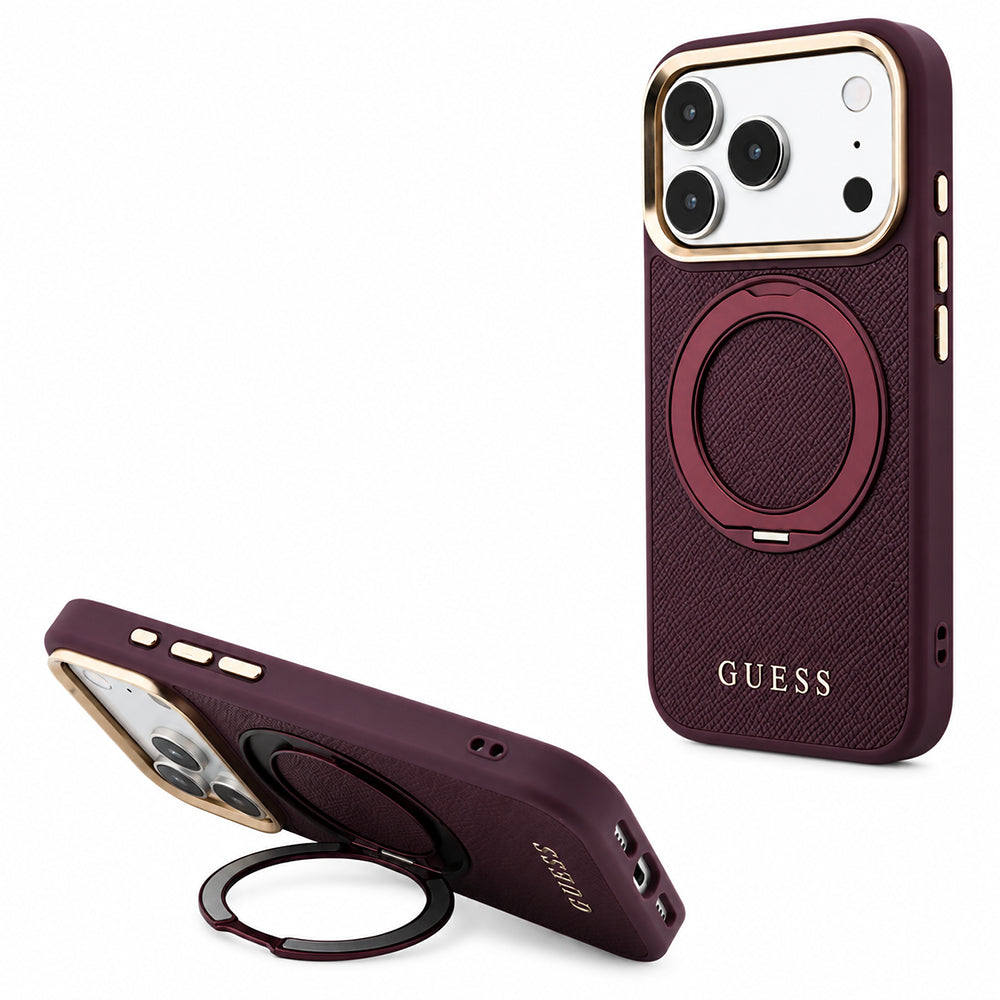 Coque MagSafe pour Apple iPhone 18 Pro / 17 Pro, Guess, Grained Ring Stand 360 Classic, bordeaux