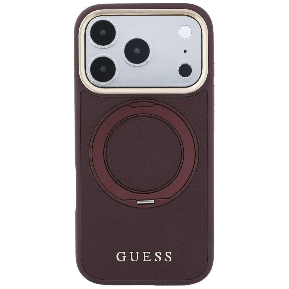 Coque MagSafe pour Apple iPhone 18 Pro / 17 Pro, Guess, Grained Ring Stand 360 Classic, bordeaux
