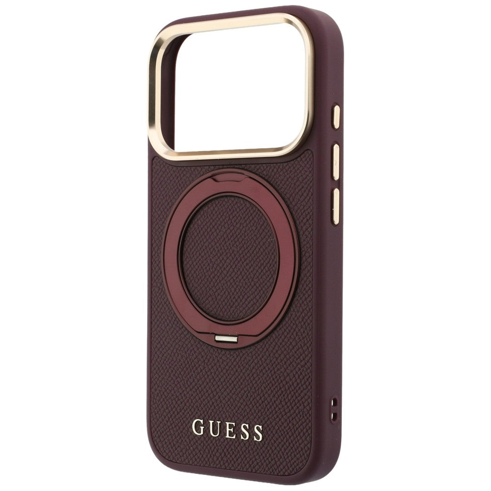 Coque MagSafe pour Apple iPhone 18 Pro / 17 Pro, Guess, Grained Ring Stand 360 Classic, bordeaux