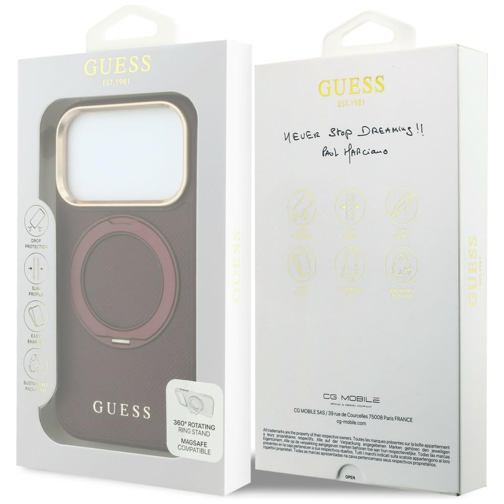 Coque MagSafe pour Apple iPhone 18 Pro / 17 Pro, Guess, Grained Ring Stand 360 Classic, bordeaux