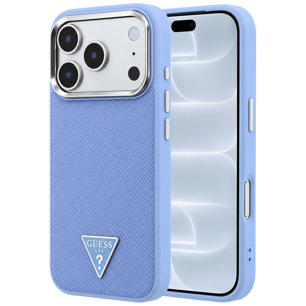Coque MagSafe pour Apple iPhone 18 Pro / 17 Pro, Guess, Logo Triangle Grainé, Bleu