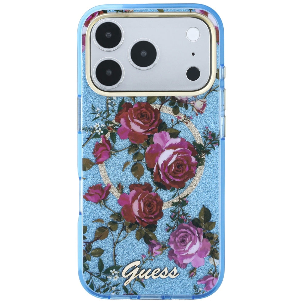 MagSafe-Hülle für Apple iPhone 18 Pro / 17 Pro, Guess, IML Glitter Blossom Roses, Blau