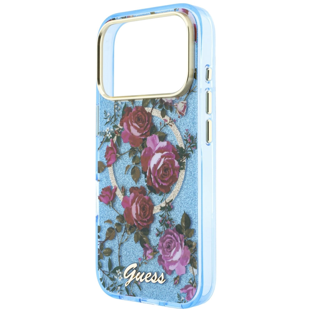 MagSafe-Hülle für Apple iPhone 18 Pro / 17 Pro, Guess, IML Glitter Blossom Roses, Blau