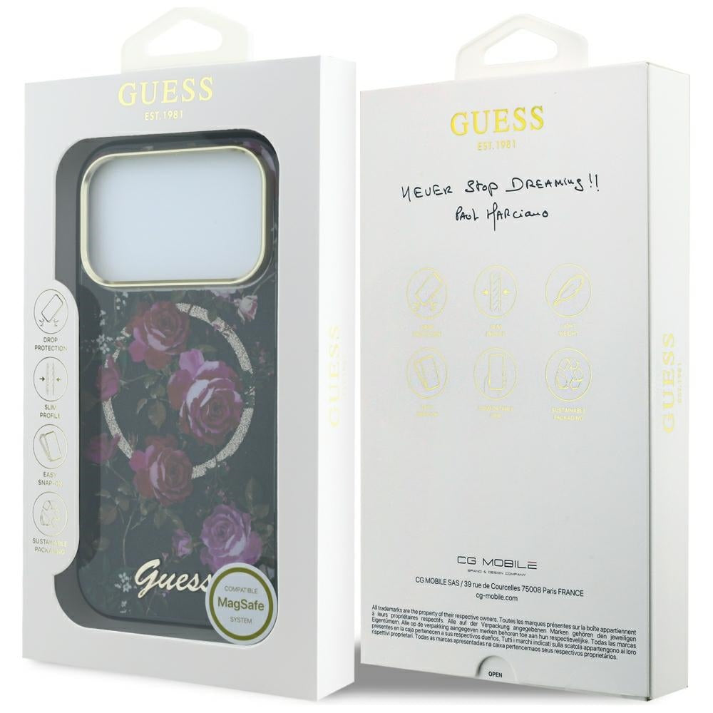 MagSafe-Hülle für Apple iPhone 18 Pro / 17 Pro, Guess, IML Glitter Blossom Roses, Schwarz