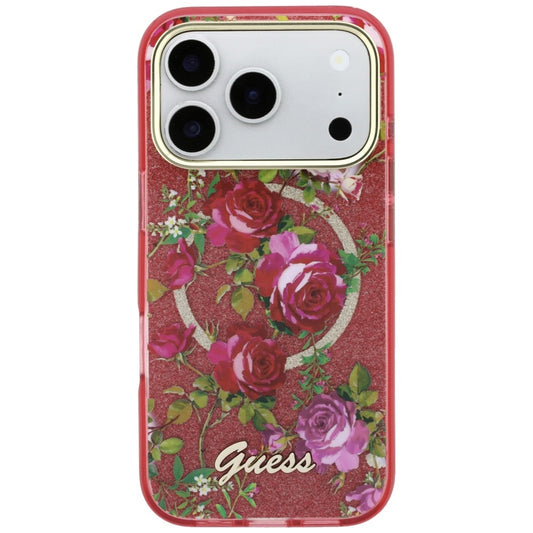 Custodia MagSafe per Apple iPhone 18 Pro / 17 Pro, Guess, IML Glitter Blossom Roses, Vinaccia