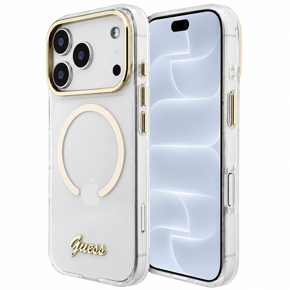Custodia MagSafe per Apple iPhone 18 Pro / 17 Pro, Guess, IML Script Metal, trasparente