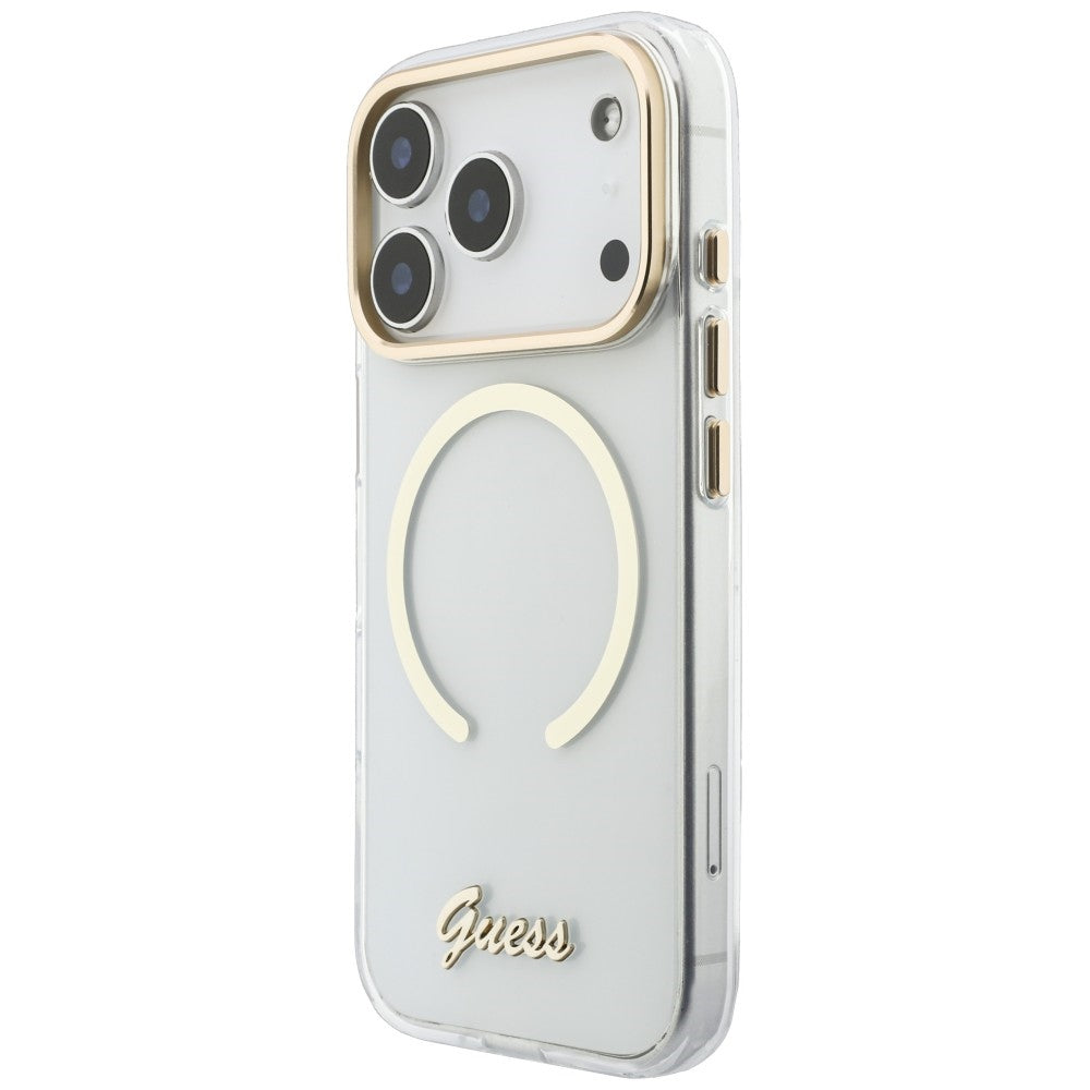 Custodia MagSafe per Apple iPhone 18 Pro / 17 Pro, Guess, IML Script Metal, trasparente