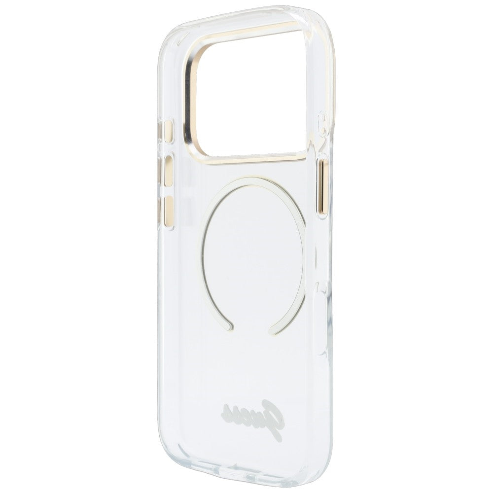 Custodia MagSafe per Apple iPhone 18 Pro / 17 Pro, Guess, IML Script Metal, trasparente