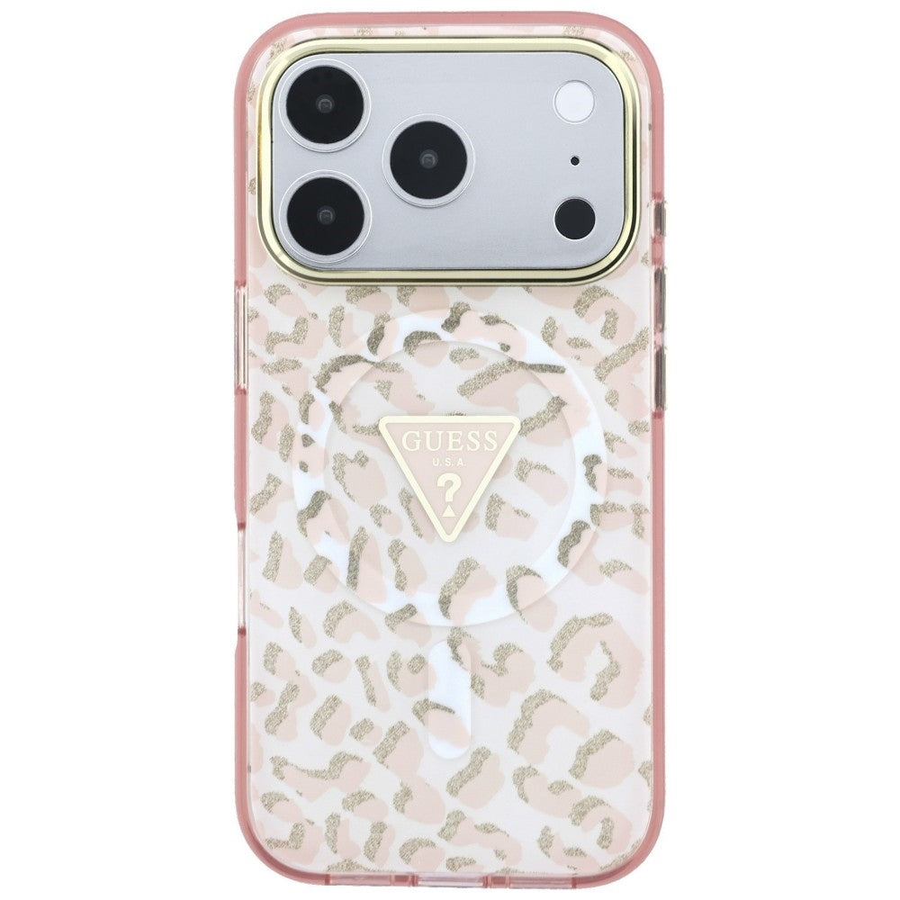MagSafe-Hülle für Apple iPhone 18 Pro / 17 Pro, Guess, Leopard Glitter Dreieck Logo, Rosa