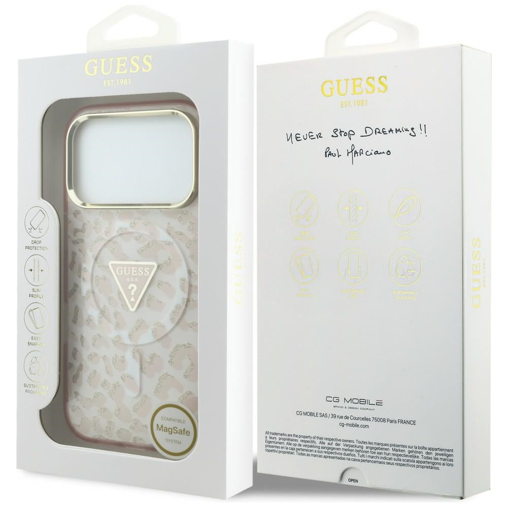 MagSafe-Hülle für Apple iPhone 18 Pro / 17 Pro, Guess, Leopard Glitter Dreieck Logo, Rosa