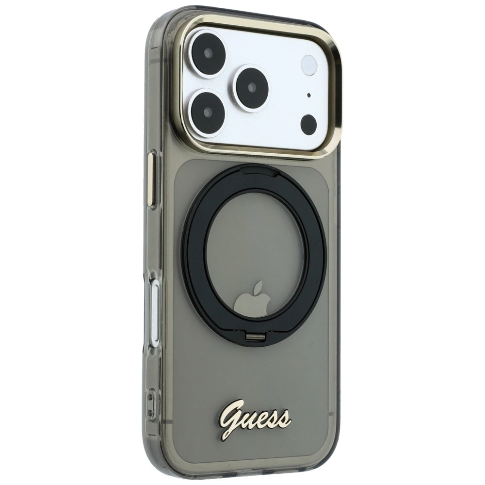 Coque MagSafe pour Apple iPhone 18 Pro / 17 Pro, Guess, Support Anneau Logo Métal Script, Noire