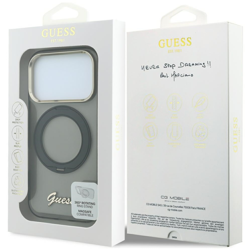 Coque MagSafe pour Apple iPhone 18 Pro / 17 Pro, Guess, Support Anneau Logo Métal Script, Noire