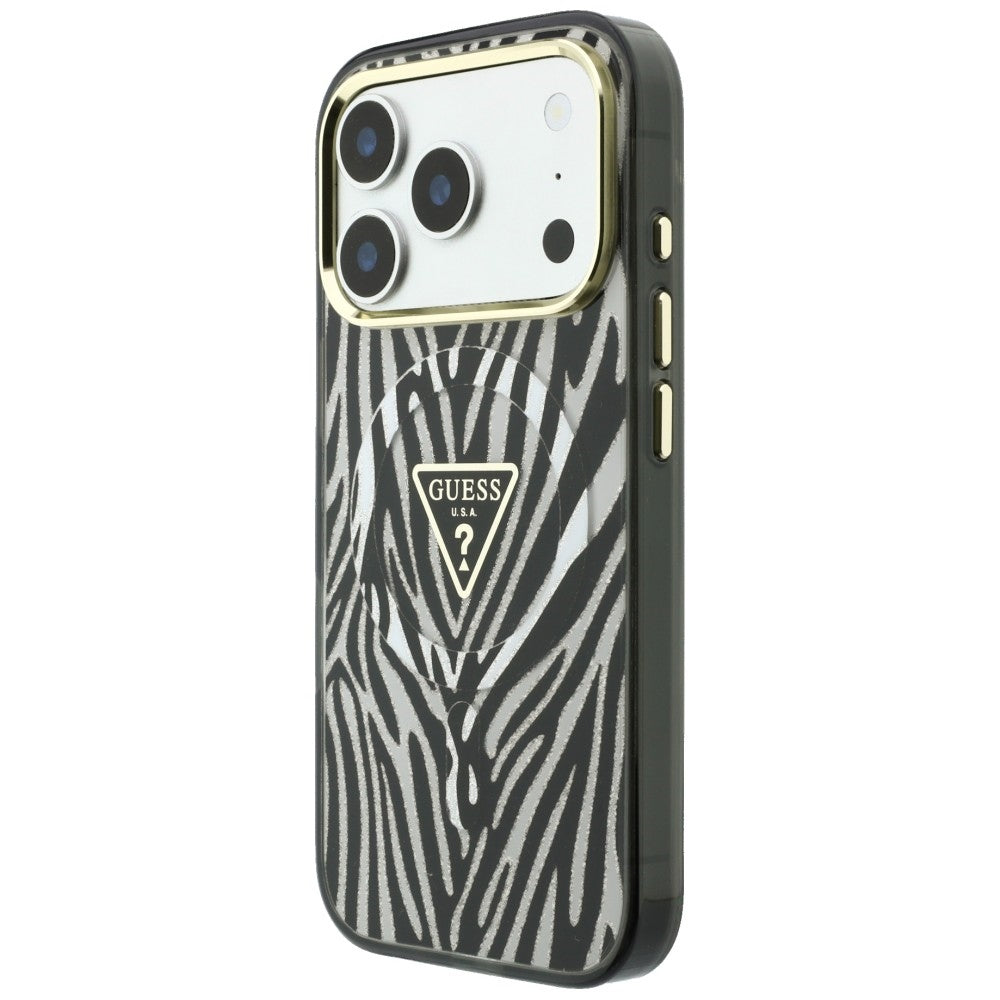 Custodia MagSafe per Apple iPhone 18 Pro / 17 Pro, Guess, Logo Triangolo Glitter Zebra, Argento