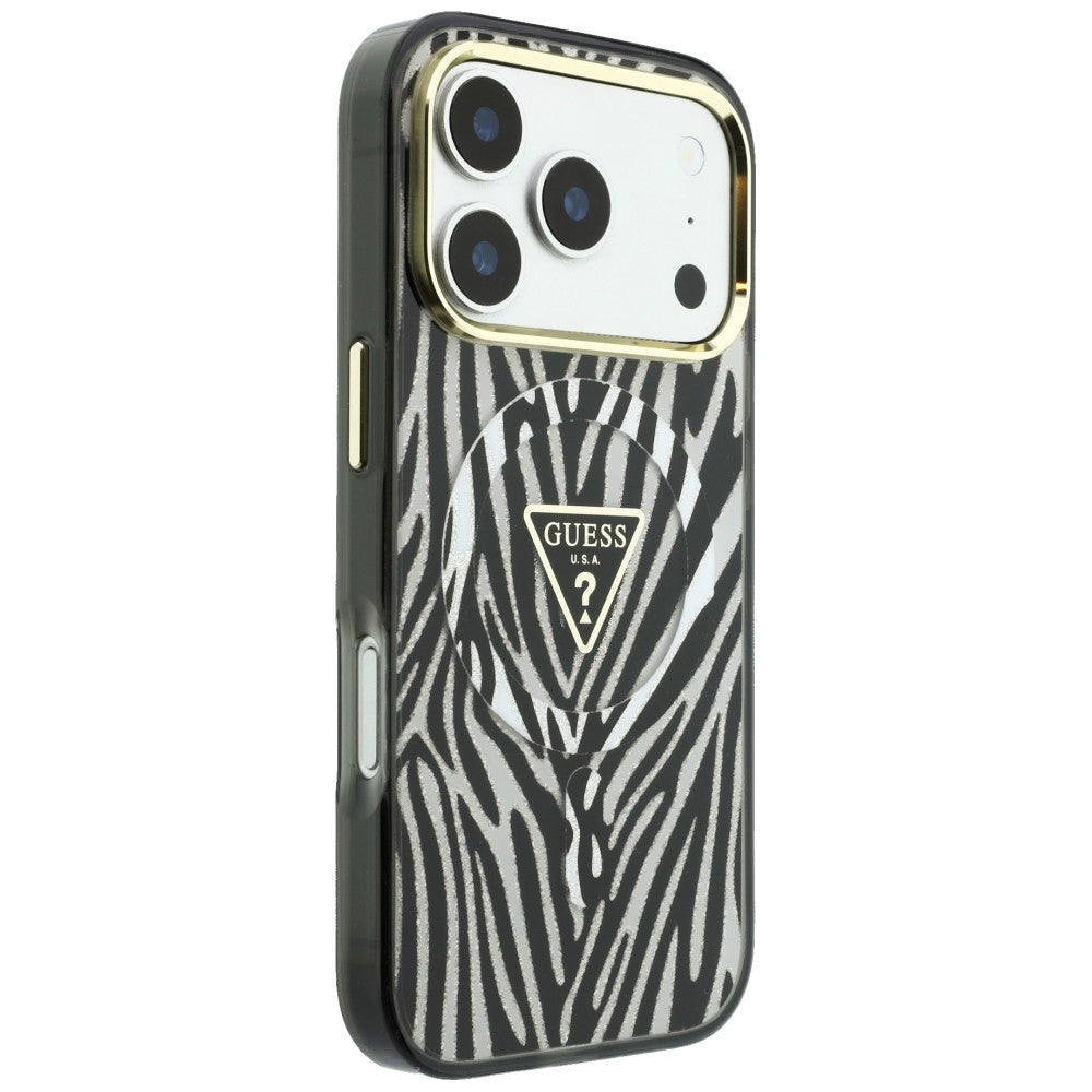 Custodia MagSafe per Apple iPhone 18 Pro / 17 Pro, Guess, Logo Triangolo Glitter Zebra, Argento