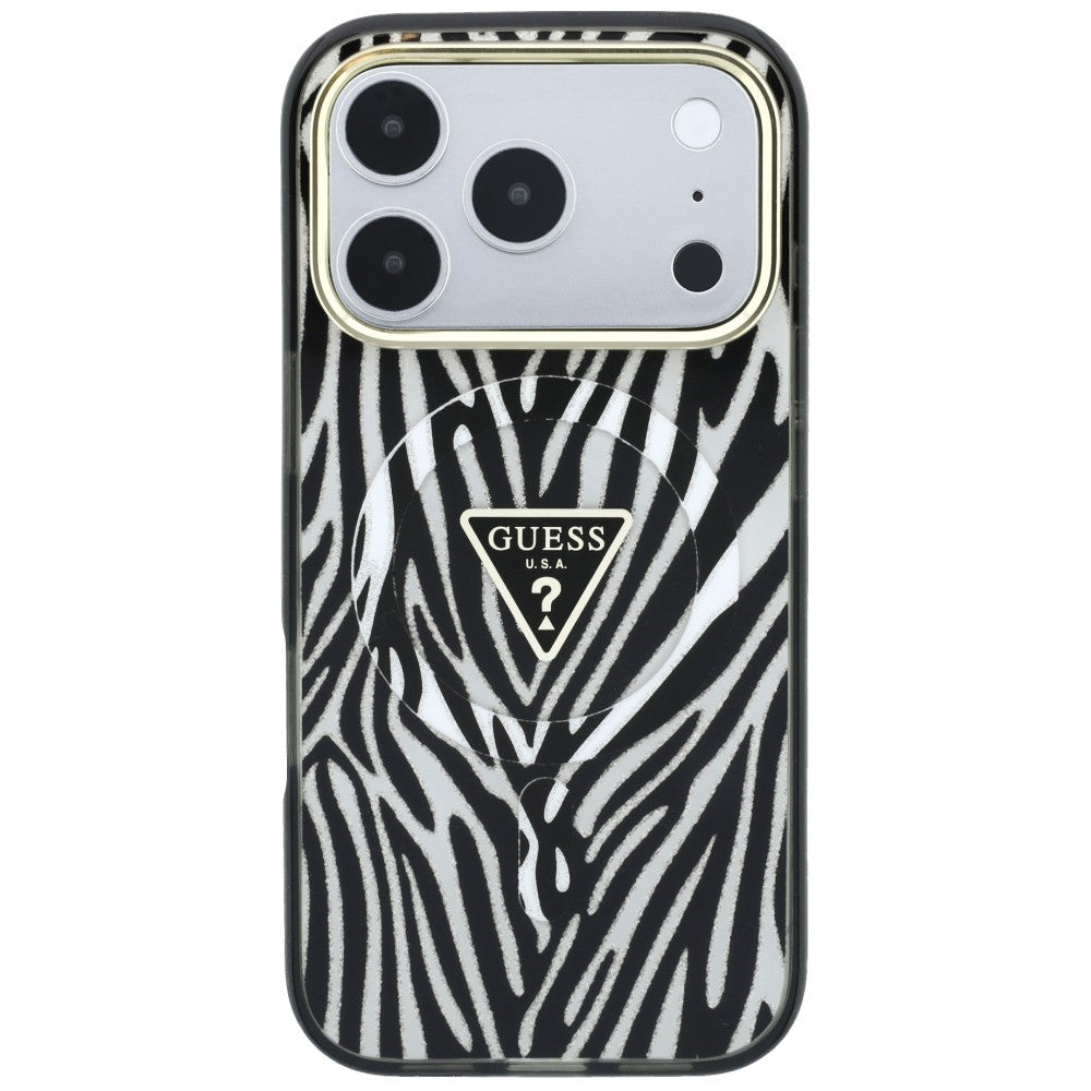 Custodia MagSafe per Apple iPhone 18 Pro / 17 Pro, Guess, Logo Triangolo Glitter Zebra, Argento