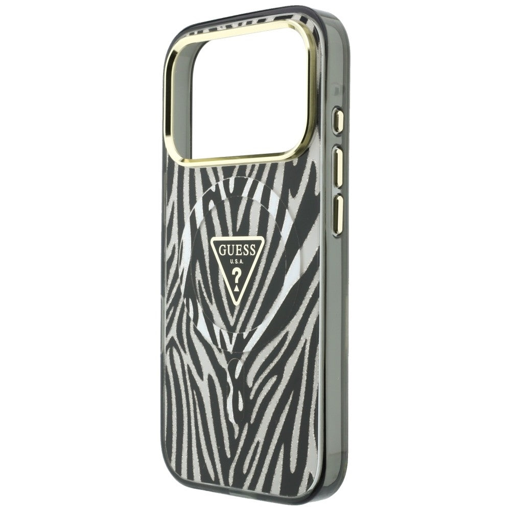 Custodia MagSafe per Apple iPhone 18 Pro / 17 Pro, Guess, Logo Triangolo Glitter Zebra, Argento