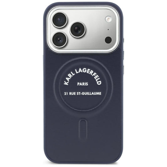 Coque MagSafe pour Apple iPhone 18 Pro / 17 Pro, Karl Lagerfeld, logo RSG en relief avec anneau ouvert, bleue
