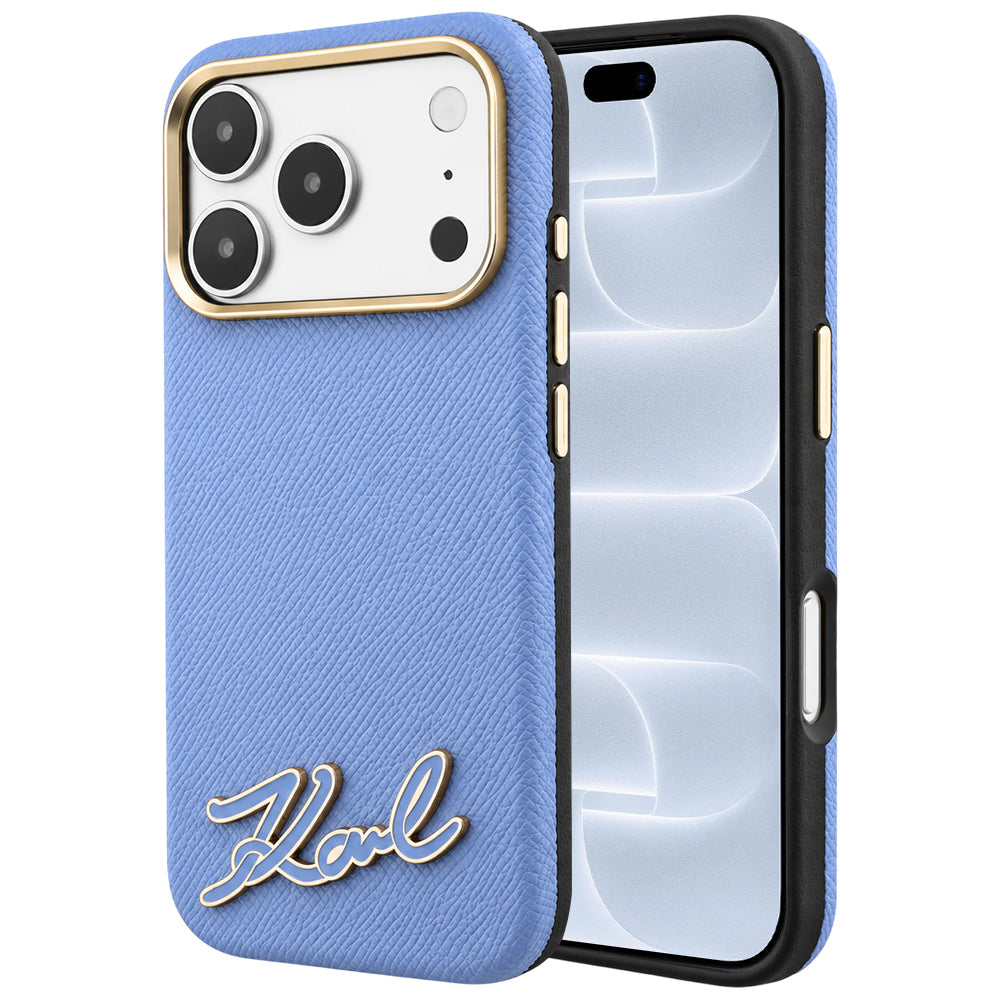 Coque MagSafe pour Apple iPhone 18 Pro / 17 Pro, Karl Lagerfeld, Logo en résine grainée, Bleu