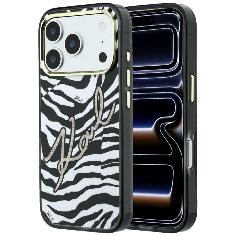 Custodia MagSafe per Apple iPhone 18 Pro / 17 Pro, Karl Lagerfeld, HC IML Signature Zebra Glitter Gold, Nera