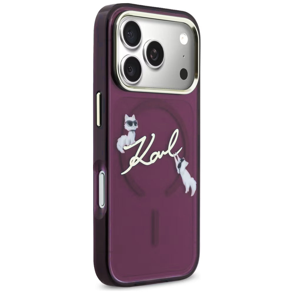 Coque MagSafe pour Apple iPhone 18 Pro / 17 Pro, Karl Lagerfeld, IML Choupette Karl Script Logo, Bordeaux