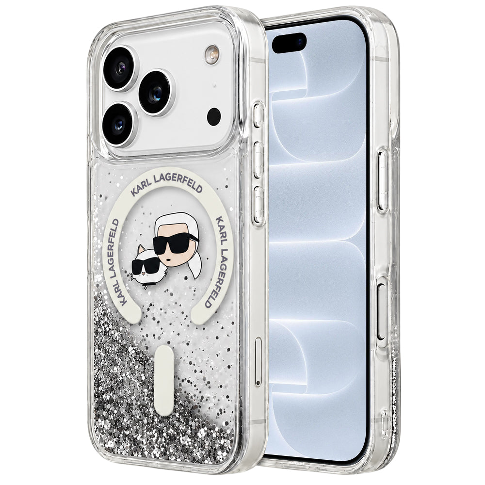 Custodia MagSafe per Apple iPhone 18 Pro / 17 Pro, Karl Lagerfeld, Liquid Glitter Karl & Choupette Head's, Trasparente
