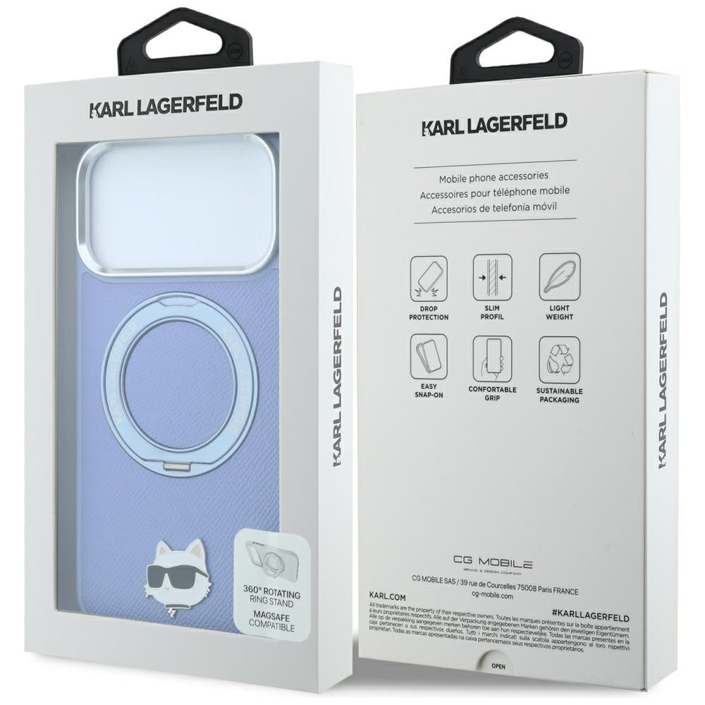 Coque MagSafe pour Apple iPhone 18 Pro / 17 Pro, Karl Lagerfeld, Support Anneau 360 Choupette Pin, Bleu