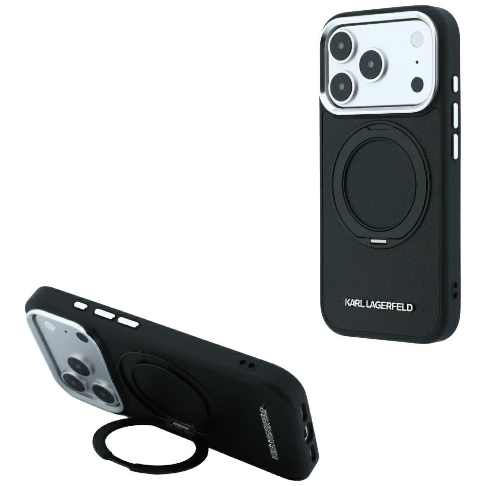 Custodia MagSafe per Apple iPhone 18 Pro / 17 Pro, Karl Lagerfeld, Ring Stand 360 Saffiano, Nera