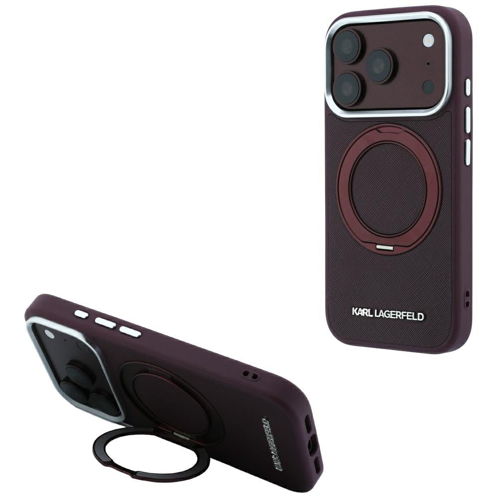 Coque MagSafe pour Apple iPhone 18 Pro / 17 Pro, Karl Lagerfeld, Ring Stand 360 Saffiano, couleur bordeaux