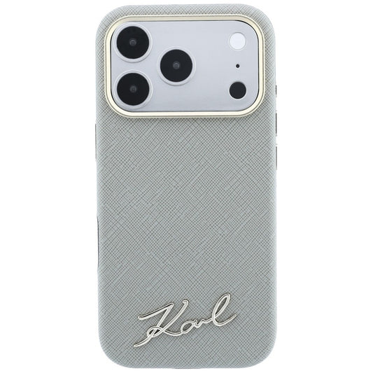 Coque MagSafe pour Apple iPhone 18 Pro / 17 Pro, Karl Lagerfeld, Logo Métallique Petit Script Saffiano, Gris Beige
