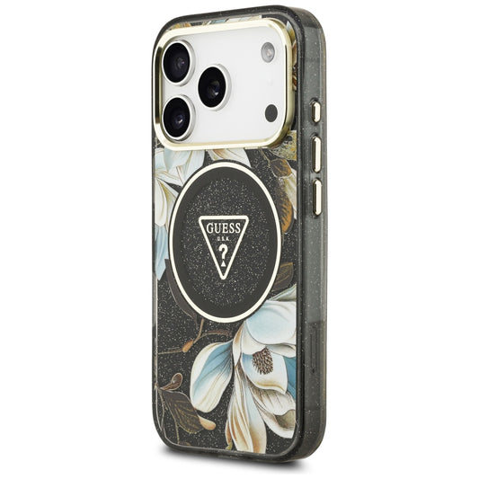 Custodia MagSafe per Apple iPhone 18 Pro, Guess, IML Metal Glitter Flowers Triangle, Nera