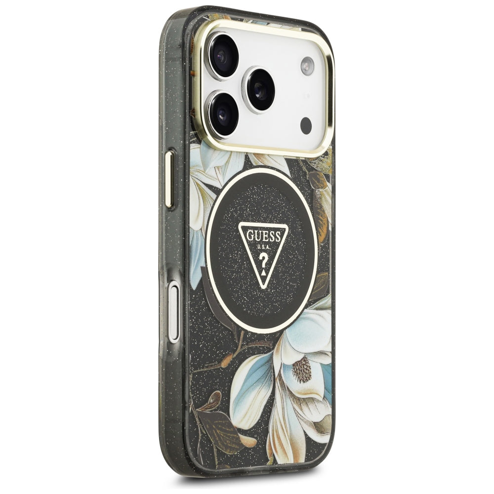 Custodia MagSafe per Apple iPhone 18 Pro, Guess, IML Metal Glitter Flowers Triangle, Nera