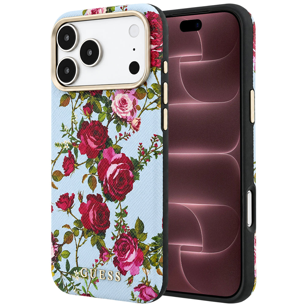Coque MagSafe pour Apple iPhone 18 Pro Max / 17 Pro Max, Guess, Blossom Roses Print, bleu