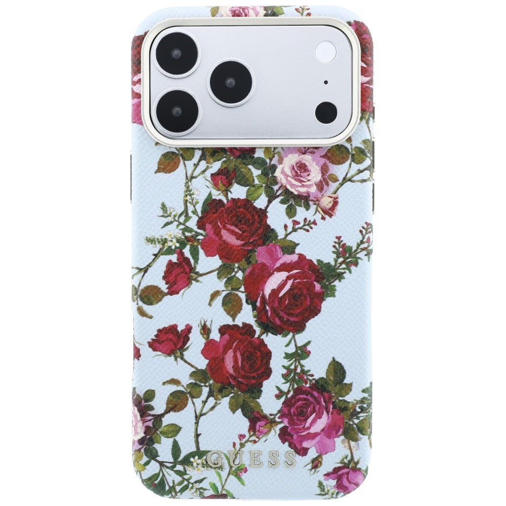 Coque MagSafe pour Apple iPhone 18 Pro Max / 17 Pro Max, Guess, Blossom Roses Print, bleu