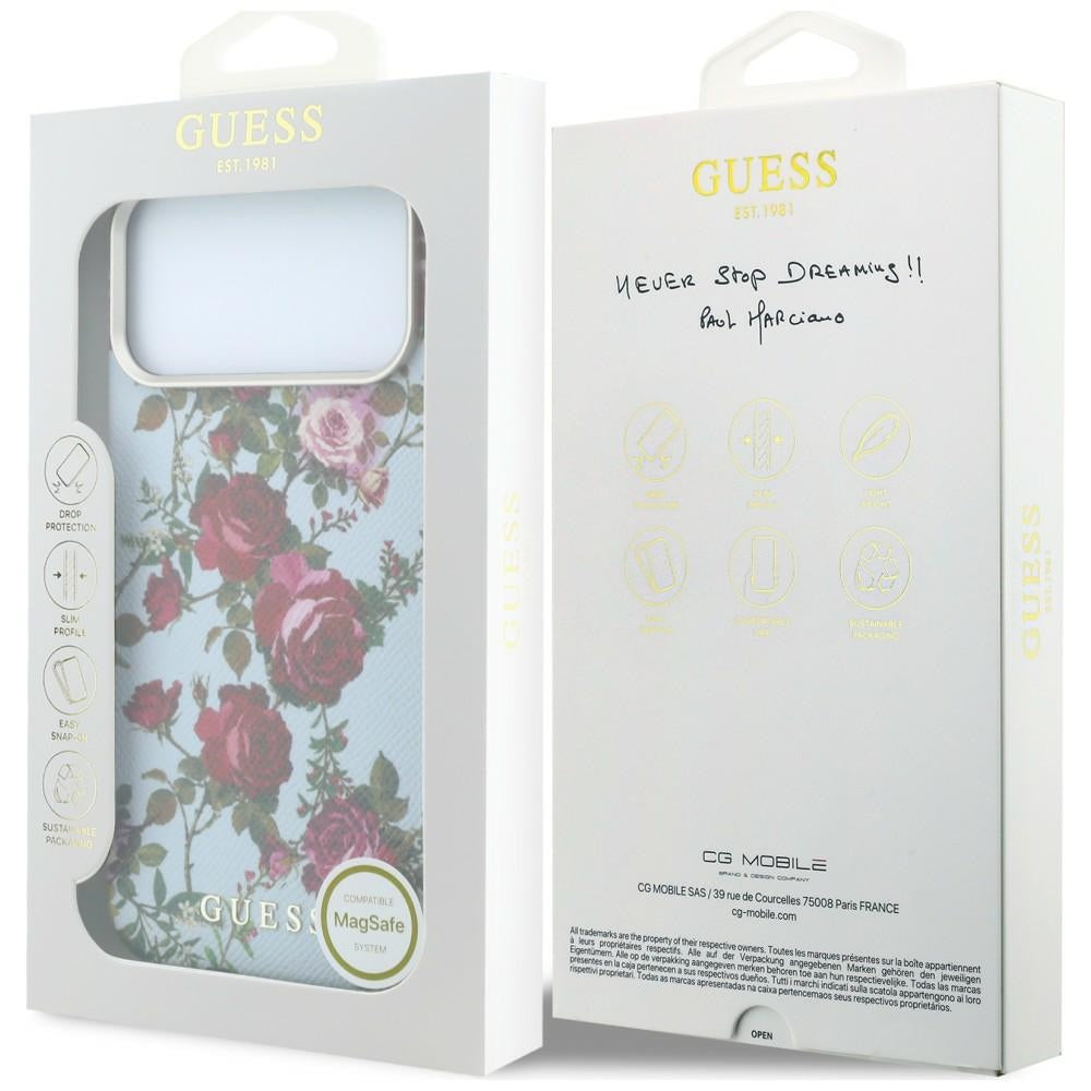 Coque MagSafe pour Apple iPhone 18 Pro Max / 17 Pro Max, Guess, Blossom Roses Print, bleu