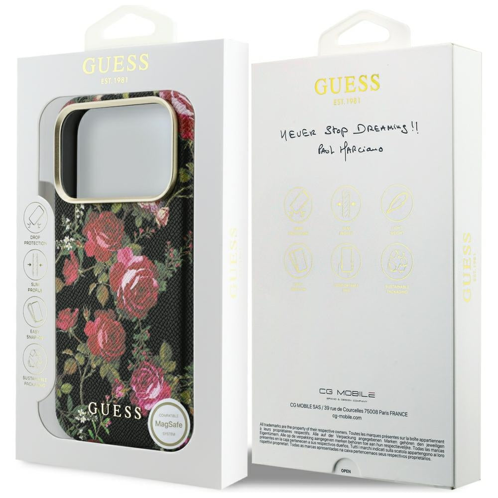 Coque MagSafe pour Apple iPhone 18 Pro Max / 17 Pro Max, Guess, motif Blossom Roses, noire